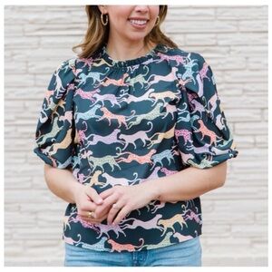 Michelle McDowell Women's Black Cheetah Print Ruffle Puff Libby Top Shirt Blouse